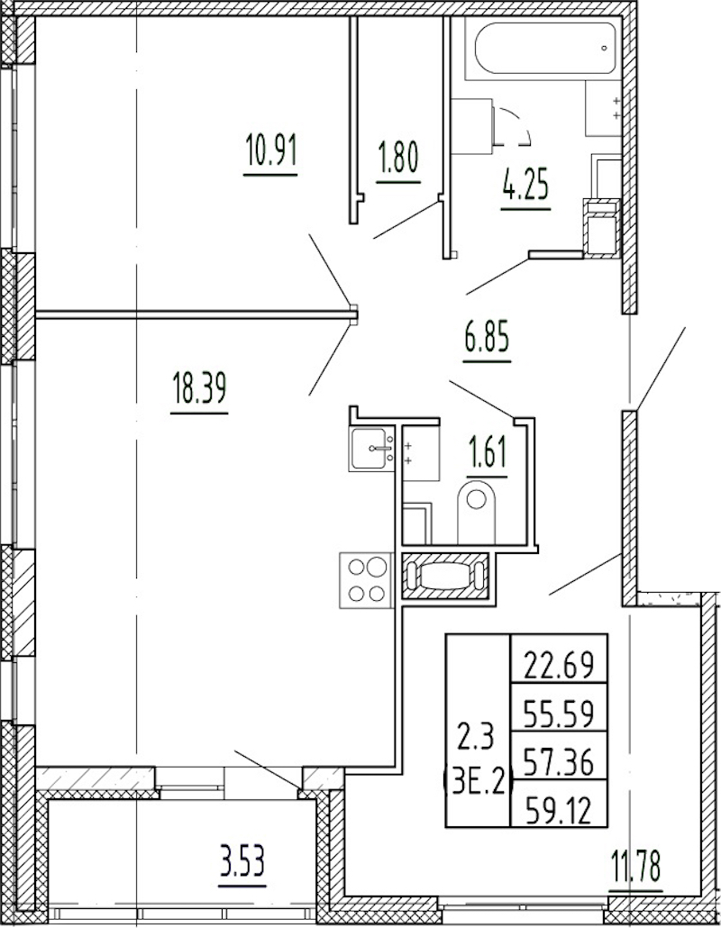 2-комнатная квартира 55.59 м², 11/11 эт., ЖК «Полис Приморский 2»